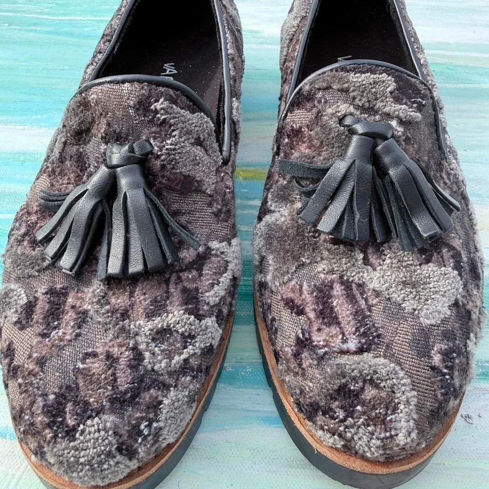 Vaneli purple and grey textured velvet tapestry loafers with black tassels